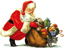 a painting of santa claus kneeling down next to a dog and a cat