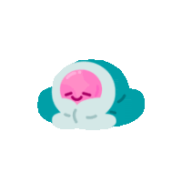 a cartoon character is wrapped in a blue blanket with a pink face .