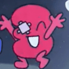 a pink cartoon character with glasses on his eyes is waving his hand in the air .