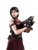 a woman in a red dress is holding a gun with a white background