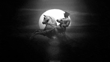 a black and white photo of a man riding on the back of a horse .