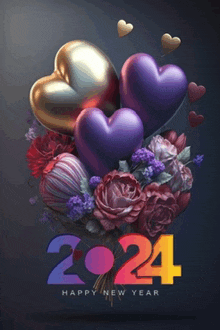 a happy new year greeting card with a bouquet of flowers and heart shaped balloons