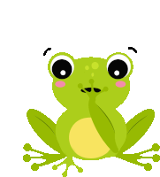 a green frog with black eyes and a yellow center