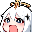 a cartoon girl with white hair and a crown on her head is making a surprised face .