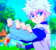 a cartoon character with white hair and blue eyes is wrapping his hands with bandages