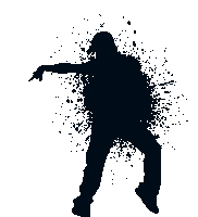 a silhouette of a man dancing in front of a splash of paint