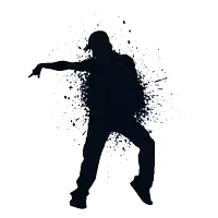 a silhouette of a man dancing in front of a splash of paint