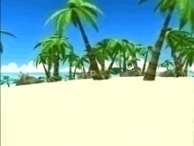 a painting of a beach with palm trees in the background