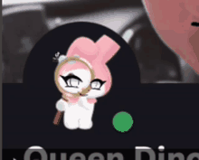 a pink and white bunny with a magnifying glass and the name queen dingo