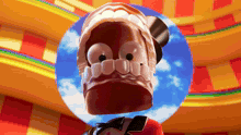 a close up of a cartoon character 's mouth and teeth against a colorful background