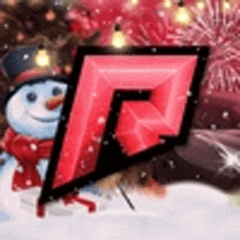 a snowman wearing a hat and scarf is standing in the snow next to a red letter r .