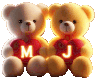 two teddy bears sitting next to each other holding hearts with the letter m and j on them