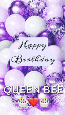purple and white balloons with the words " happy birthday queen bee " on it