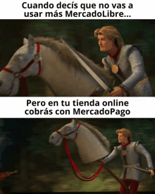 shrek is riding a horse with a sword in his hand and the caption says " pero en tu tienda online cobras con mercadopago "