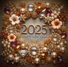 a greeting card that says happy new year 2025 surrounded by jewelry and flowers