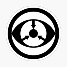 a black and white circle with an eye and arrows around it