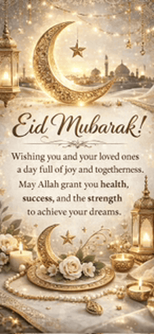 a greeting card for eid mubarak with a crescent moon , candles , and flowers .