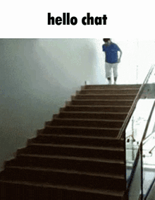 a man is walking up a set of stairs with the words hello chat written above him