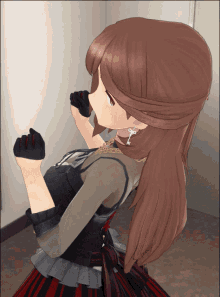 a girl with long brown hair is wearing a black and red dress and gloves