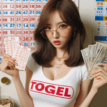 a woman wearing a t-shirt that says ' togel ' holds a bunch of money and lottery tickets