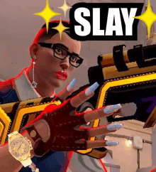 a woman with long nails is holding a gun and the word slay is on the bottom