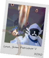 a polaroid of a video game character with the words love from petrichor v xoxo