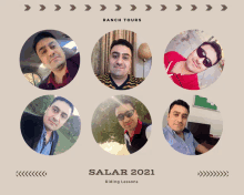 a poster for salar 2021 riding lessons shows a man 's faces in circles