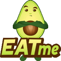 a cartoon of an avocado holding a nut with the words eat me below it