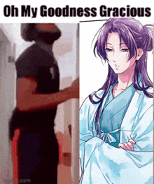 a man is standing next to a picture of a woman with purple hair and the words oh my goodness gracious