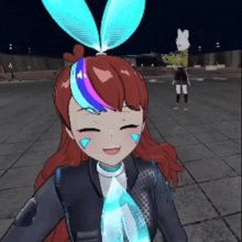a cartoon girl with red hair and blue and pink ears