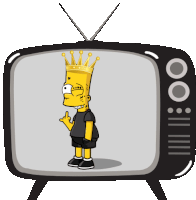 bart simpson with a crown on his head stands in front of a tv