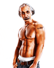 a shirtless albert einstein has e = mc2 tattooed on his arm