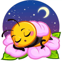 a cartoon of a bee sleeping on a pink flower