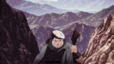 a man in a white hat is walking up a mountain holding a sword