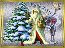 a christmas card with santa claus and a reindeer with boldog karácsonyt