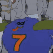 a cartoon character is wearing a blue shirt with the number seven on it