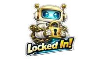 a sticker of a robot holding a padlock that says " locked in "
