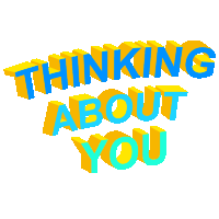 a sticker that says thinking about you in blue and yellow letters