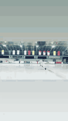 a person is skating on an ice rink with banners hanging from the ceiling including one that says ' coca-cola '