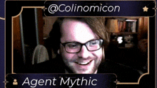 a picture of a man with glasses and the words agent mythic