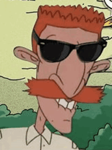 a cartoon man with an orange mustache and sunglasses is standing in a park .