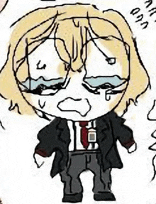 a cartoon drawing of a man in a suit and tie with tears coming out of his eyes .