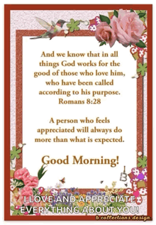 a good morning greeting card with a bible verse from romans 8:28