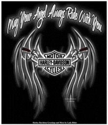 a harley davidson logo with wings and the words `` may your angel always ride with you ''