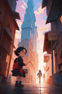 a little girl stands in a narrow alleyway looking up at a very tall building