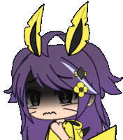 a cartoon girl with purple hair and yellow ears has a flower in her hair