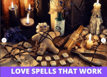 an advertisement for love spells that work shows a voodoo doll surrounded by candles and runes