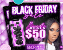 a black friday sale flyer template with a woman and bundles of hair