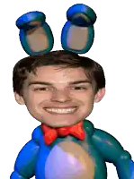 a man is wearing a blue bunny costume
