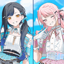 two anime girls are standing next to each other and one has a pink bow in her hair